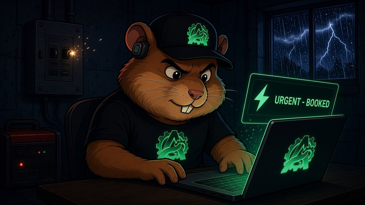Otto the Apex hamster calmly handling an after-hours electrical emergency call during a storm