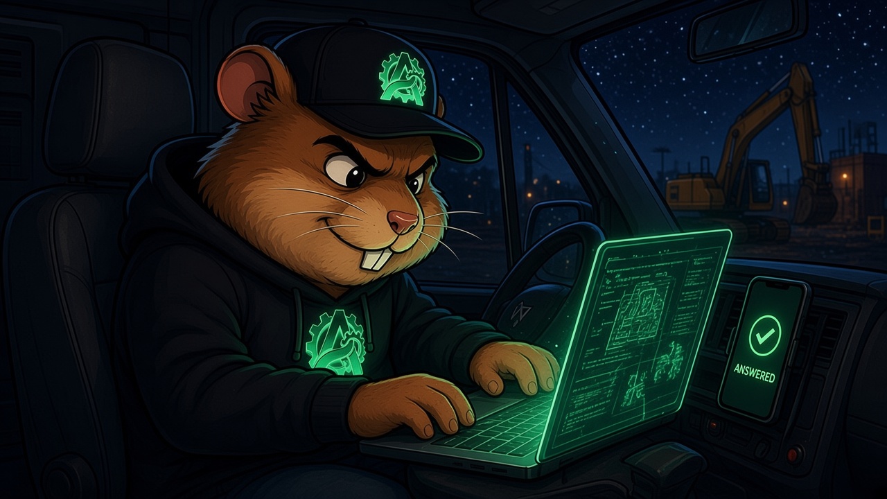 Otto the Apex hamster in a work van at night as his AI answers a 2 AM emergency call